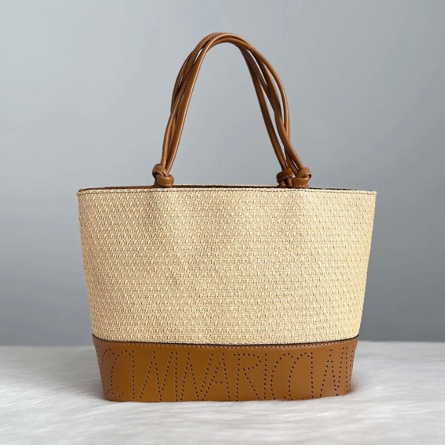 Nina Ricci Caramel Leather Straw Triple Compartment Shoulder Bag