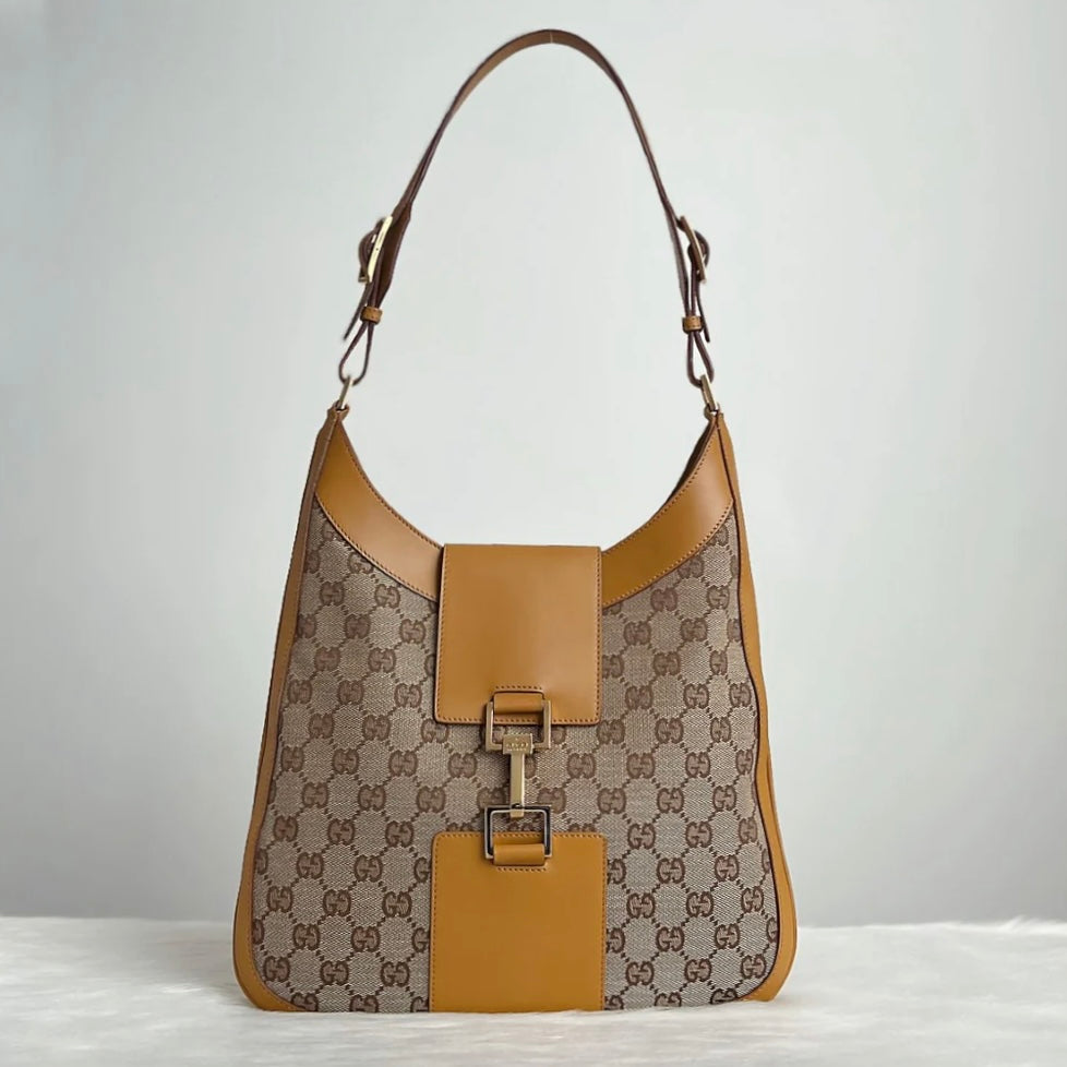 Gucci Mustard Leather Double G Monogram Front Buckle Shoulder Bag