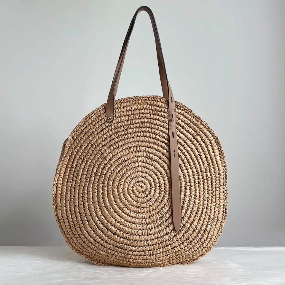 Rebecca Minkoff Mocha Leather Straw Holiday Oversized Shoulder Bag Lik