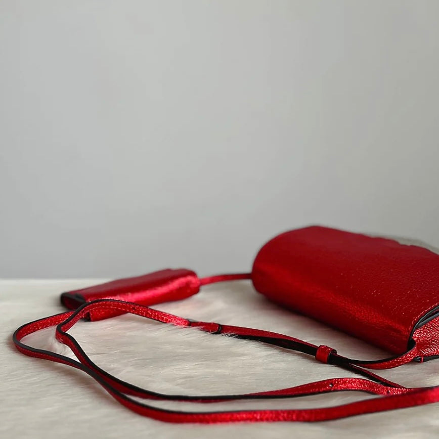 Calvin Klein Shiny Red Leather Crossbody Shoulder Bag + Pouch Like New