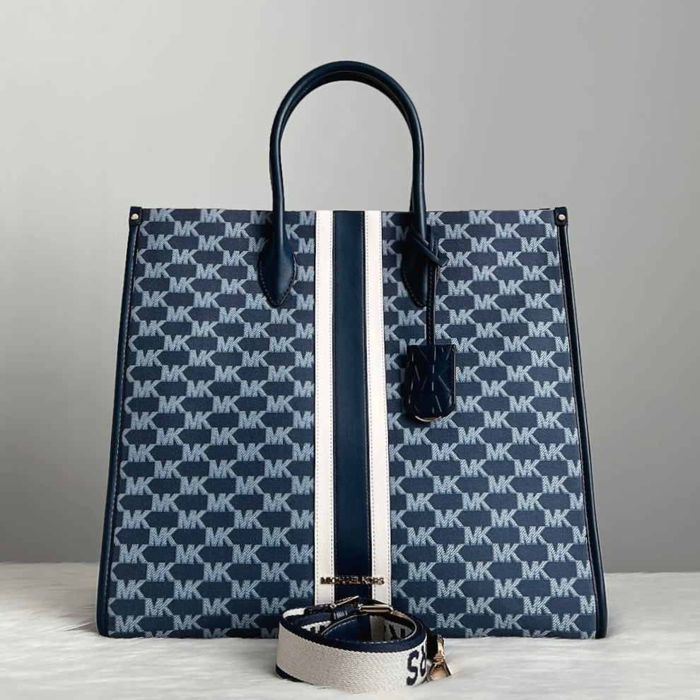Michael Kors Navy Leather Monogram Oversized Book Tote 2 Way Shoulder Bag Like New