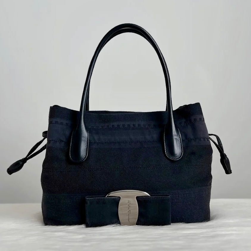 Salvatore Ferragamo Black Leather Denim Drawstring Detail Tote Bag Excellent
