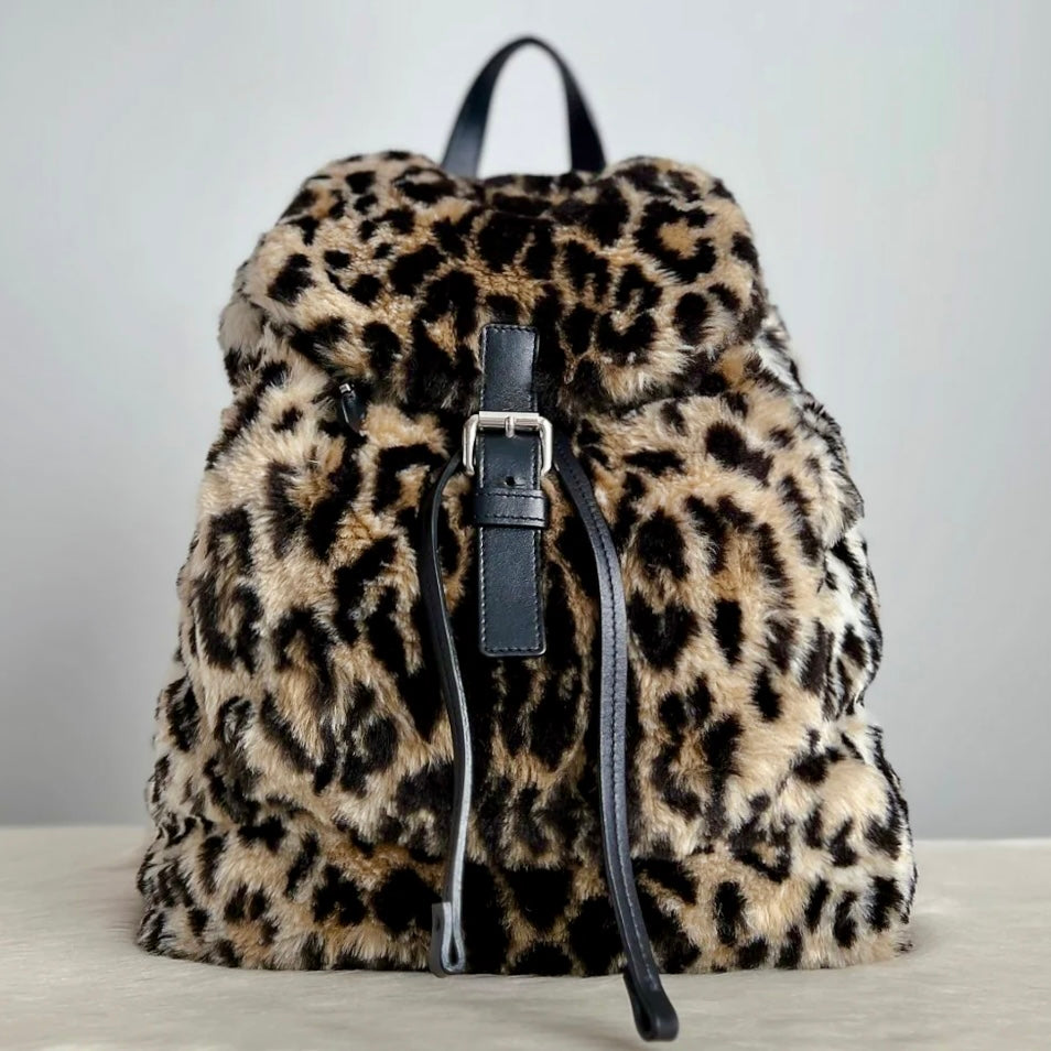 Moschino Leopard Flap Buckle Drawstring Backpack Excellent