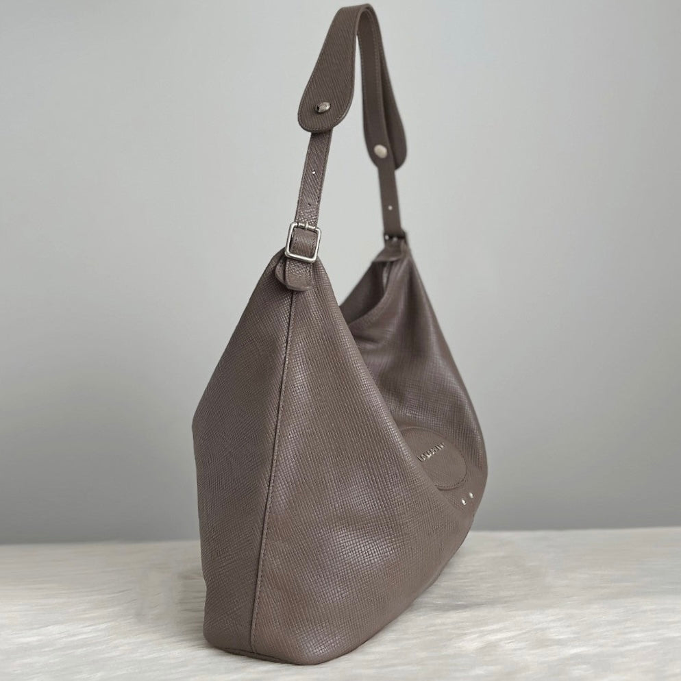 Longchamp Taupe Leather Front Logo Slouchy Shoulder Bag Excellent