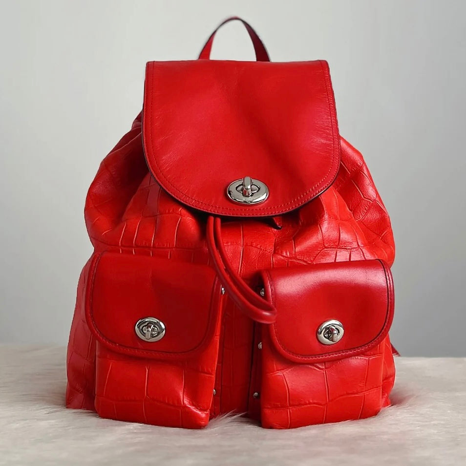 Coach Orange Red Leather Drawstring Multi-compartment Backpack Excellent