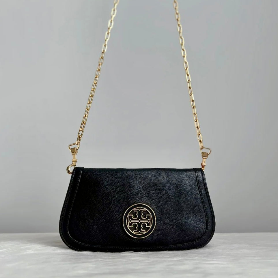 Tory Burch Black Leather Front Logo Chain Crossbody Shoulder Bag Like New