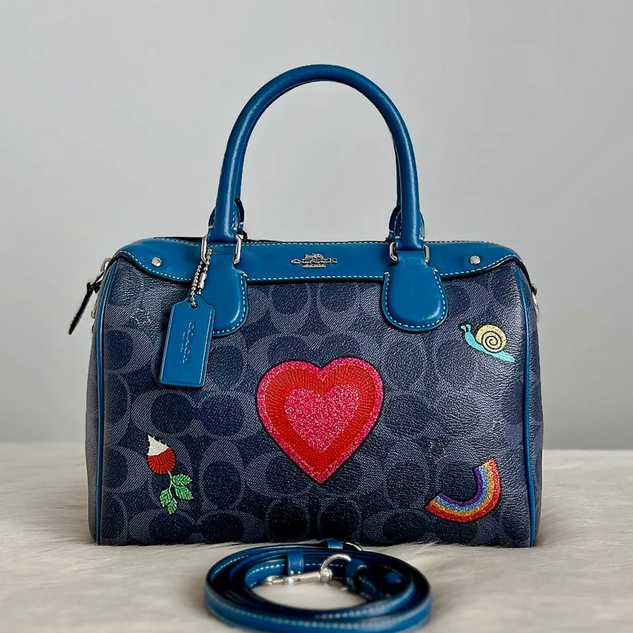 Coach Blue Leather Monogram Patchwork Boston 2 Way Shoulder Bag Like New