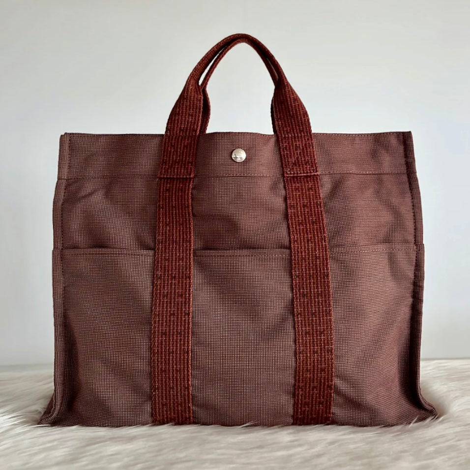 Hermes Brown Signature Stripe Detail Canvas Tote Bag Excellent