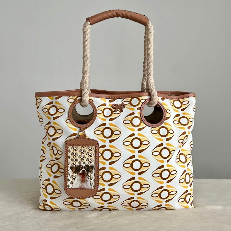 Anya Hindmarch Caramel Leather Patterned Canvas Shopper Shoulder Bag Excellent