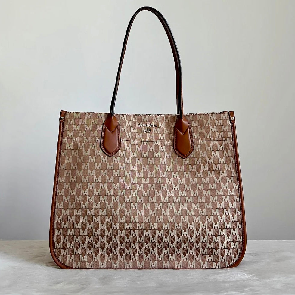 Michael Kors Caramel Leather Monogram Large Book Tote Shoulder Bag Like New