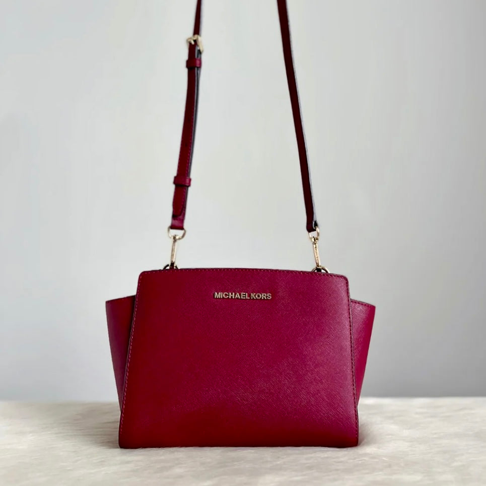 Michael Kors Burgundy Saffiano Leather Front Logo Crossbody Shoulder Bag Excellent