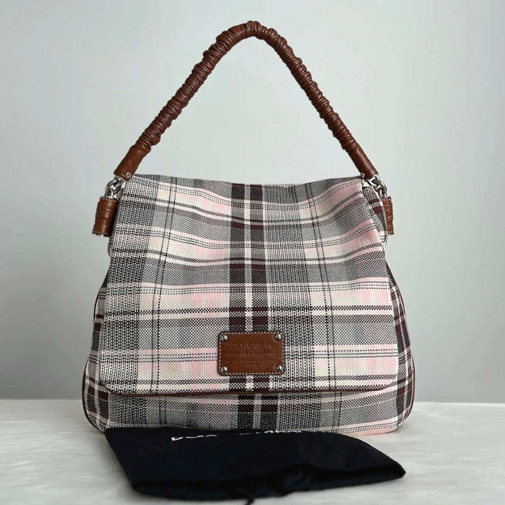 Dolce & Gabbana Caramel Leather Check Pattern Carryall Shoulder Bag Like New