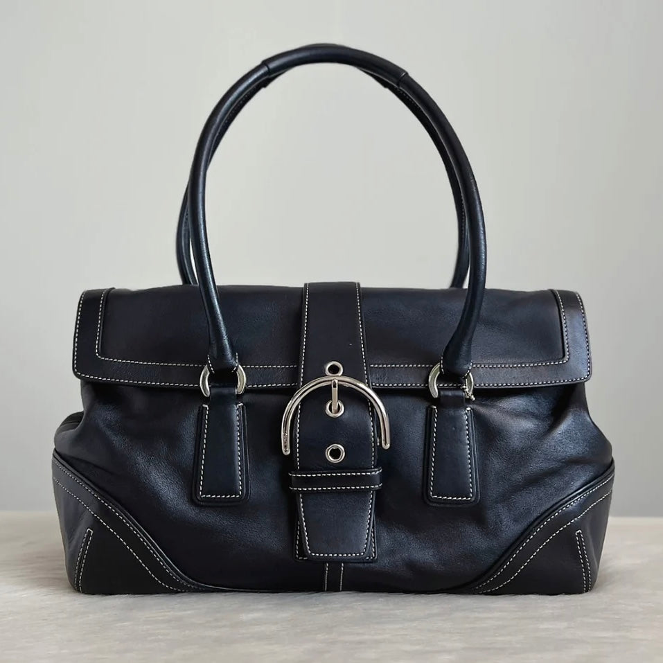 Coach Black Leather Front Buckle Flap Shoulder Bag Excellent
