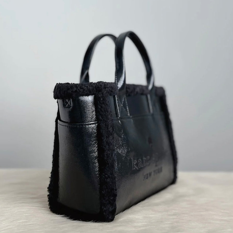 Kate Spade Black Patent Leather Woollen Edge Book Tote 2 Way Shoulder Bag Excellent