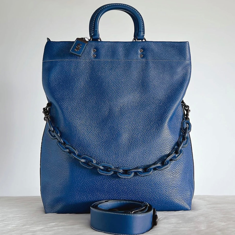 Coach Blue Leather Chunky Chain Messenger Unisex 2 Way Shoulder Bag Like New