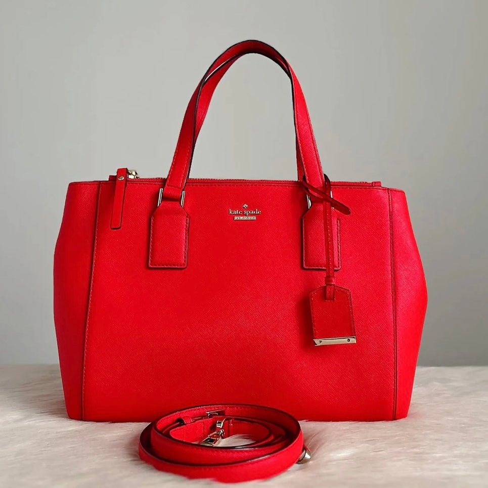 Kate Spade Red Leather Triple Compartment Career 2 Way Shoulder Bag Like New