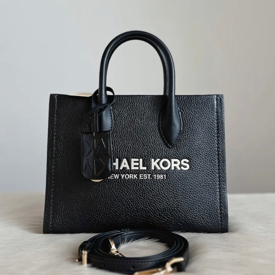 Michael Kors Black Leather Front Logo Book Tote 2 Way Shoulder Bag New with Tags