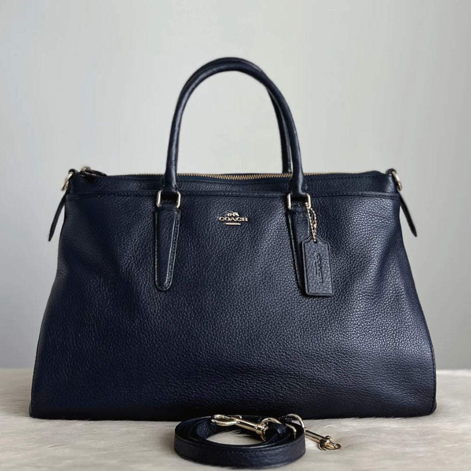 Coach Navy Leather Triple Compartment Career 2 Way Shoulder Bag Excellent