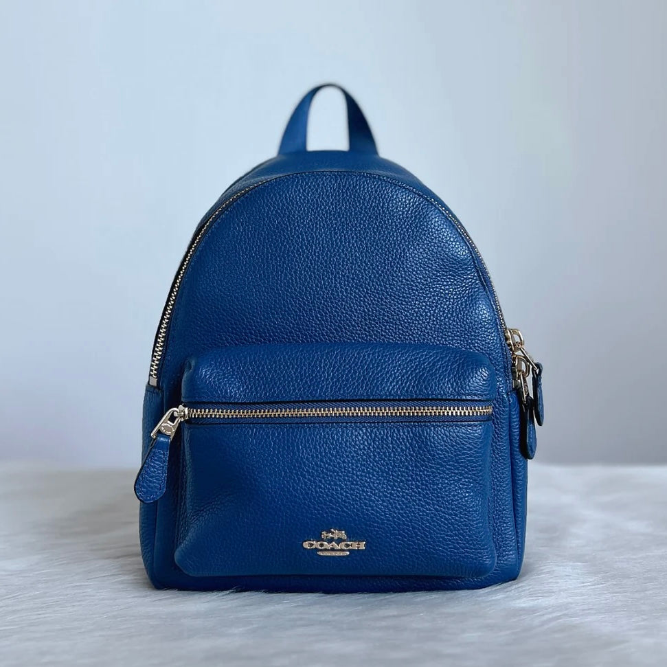 Coach Blue Leather Front Logo Drawstring Mini Backpack Excellent