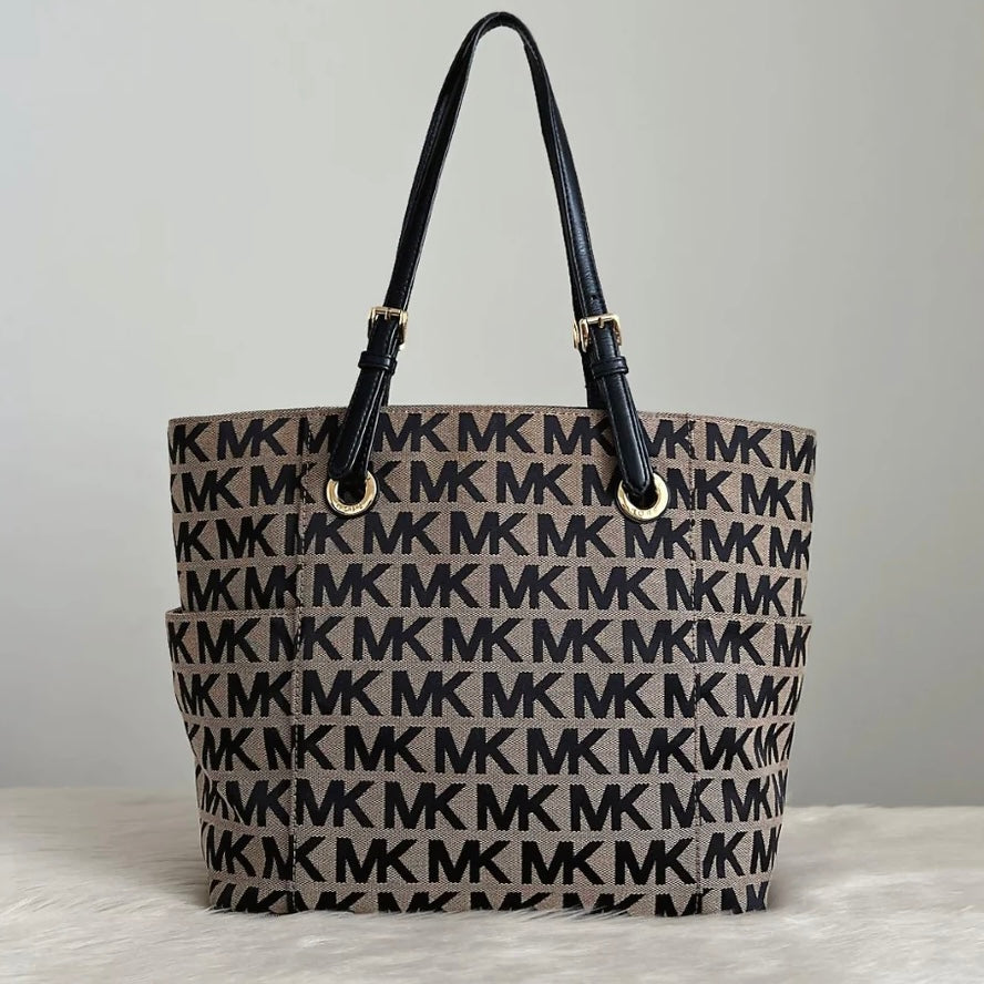 Michael Kors Black Leather MK Monogram Triple Compartment Shoulder Bag Excellent