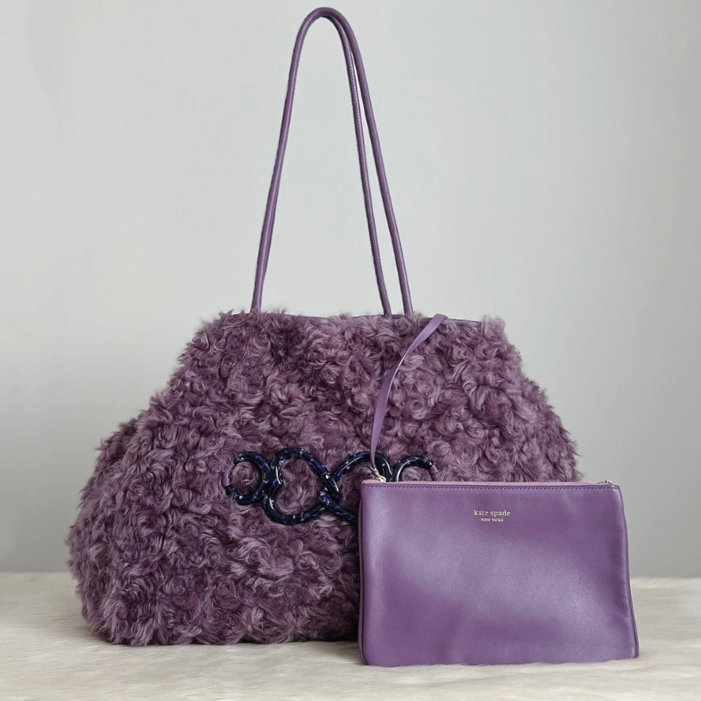 Kate Spade Purple Fur Large Carryall Shoulder Bag + Pouch Excellent