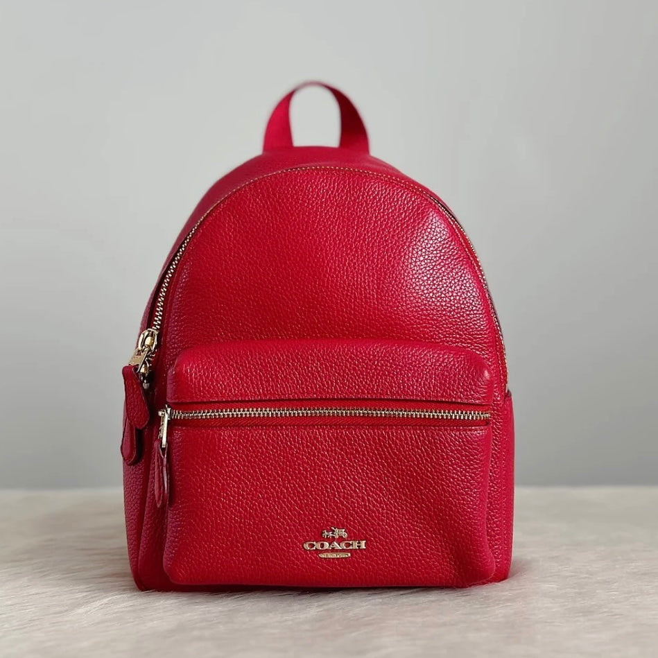 Coach Red Leather Front Zip Compartment Pocket Small Backpack Excellent