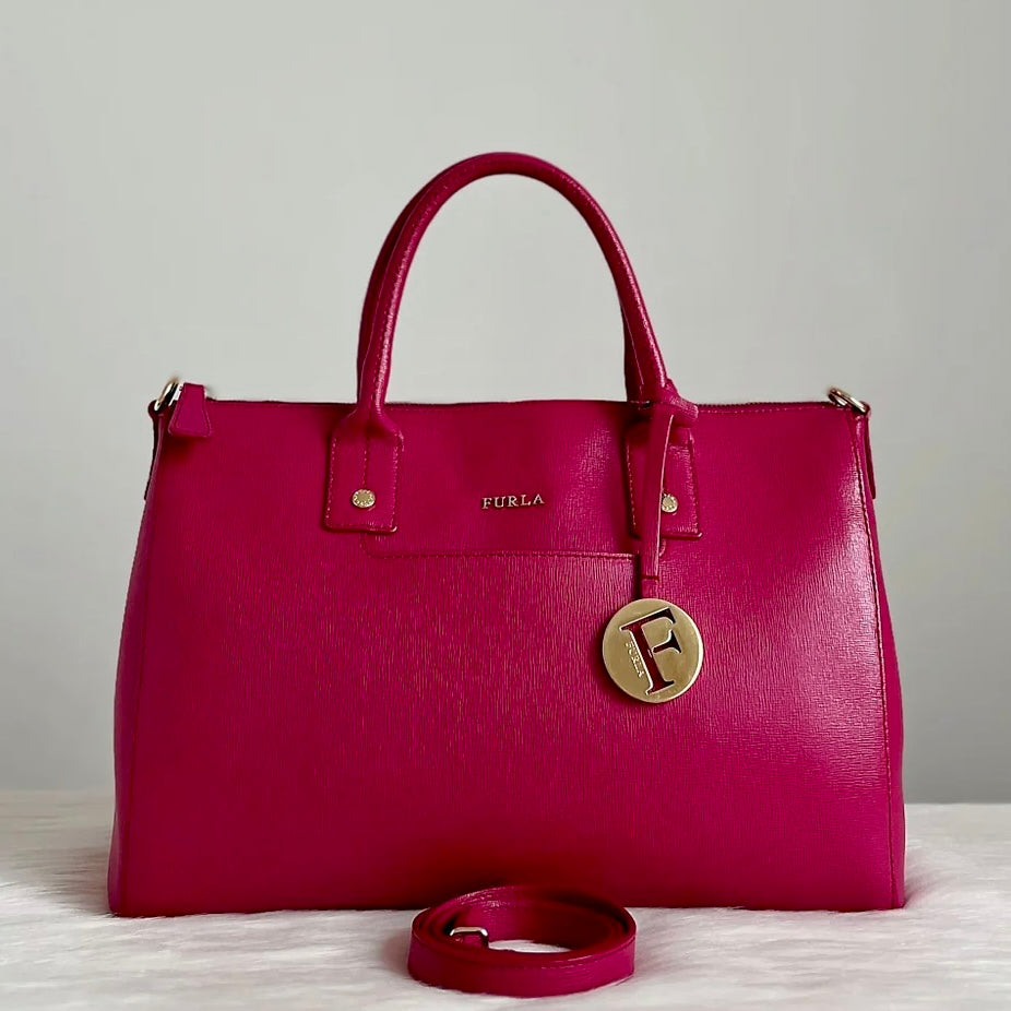 Furla Fuchsia Leather F Charm Boston 2 Way Shoulder Bag Like New