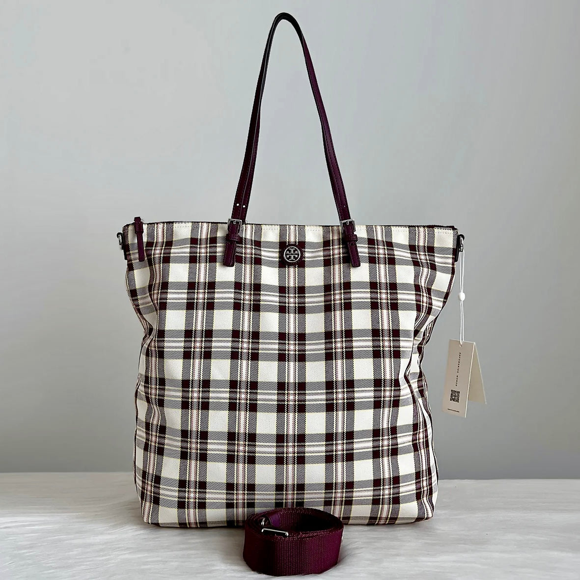 Tory Burch Bordeaux Leather Check Pattern 2 Way Shoulder Bag New with Tags