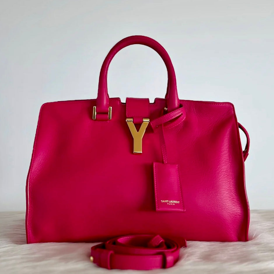 Yves Saint Laurent YSL Fuchsia Leather Cabas Y 2 Way Shoulder Bag Like New