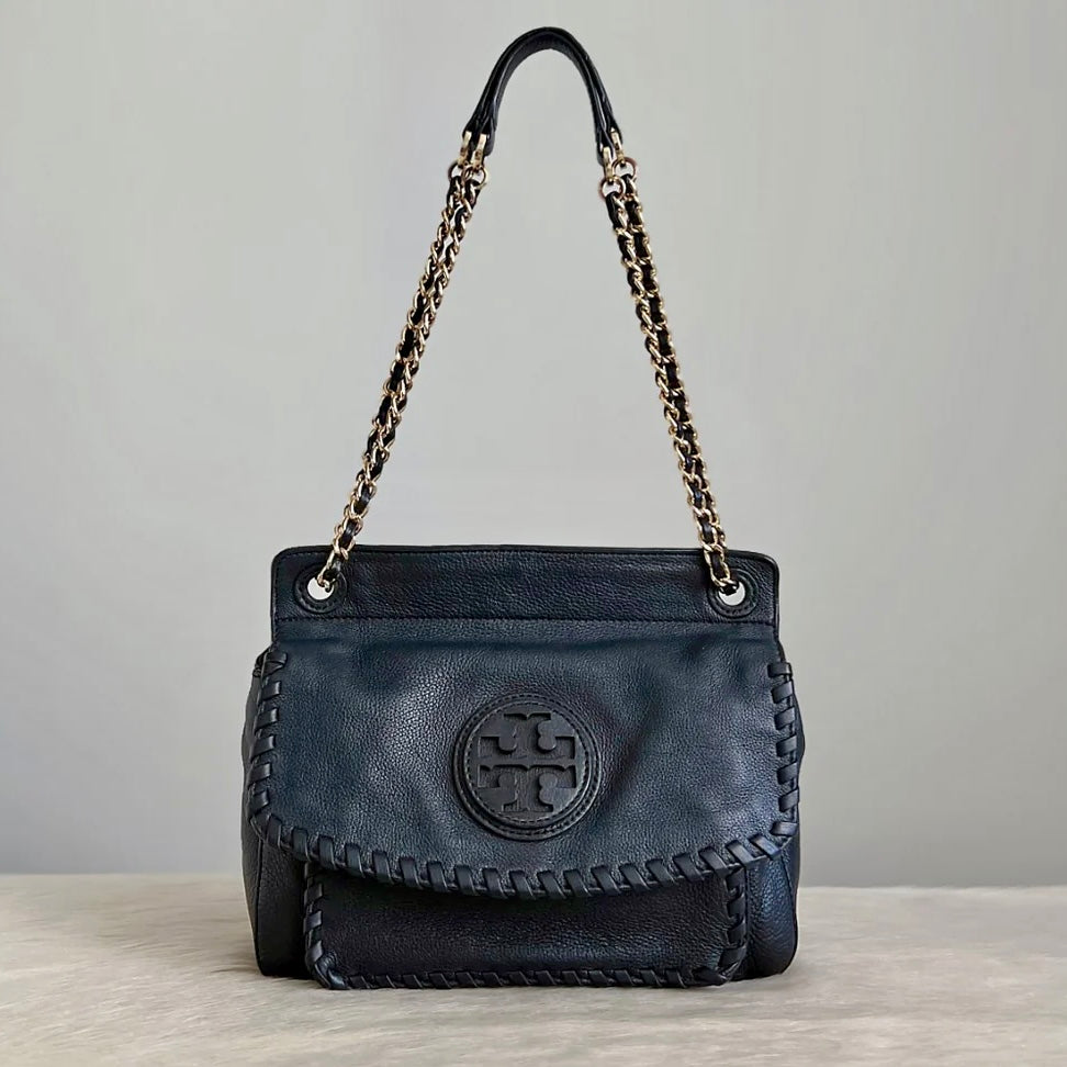 Tory Burch Black Leather Chain Detail 3 Way Shoulder Bag Like New
