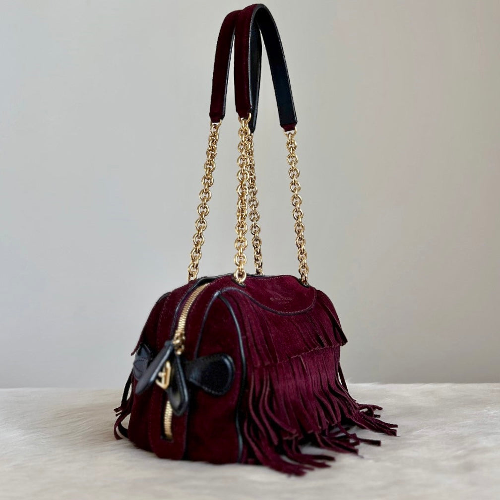 Burberry Bordeaux Suede Fringe Chain Detail Shoulder Bag