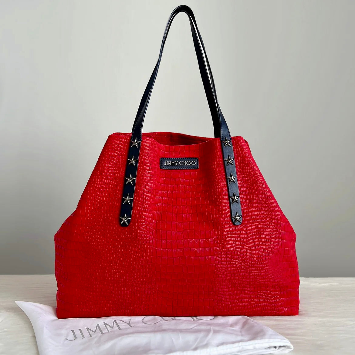 Jimmy Choo Two Tone Leather Suede Studded Carryall Shoulder Bag Excellent