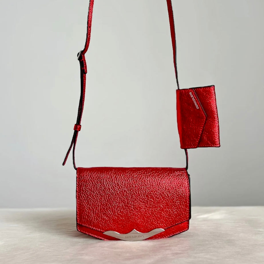 Calvin Klein Shiny Red Leather Crossbody Shoulder Bag + Pouch Like New