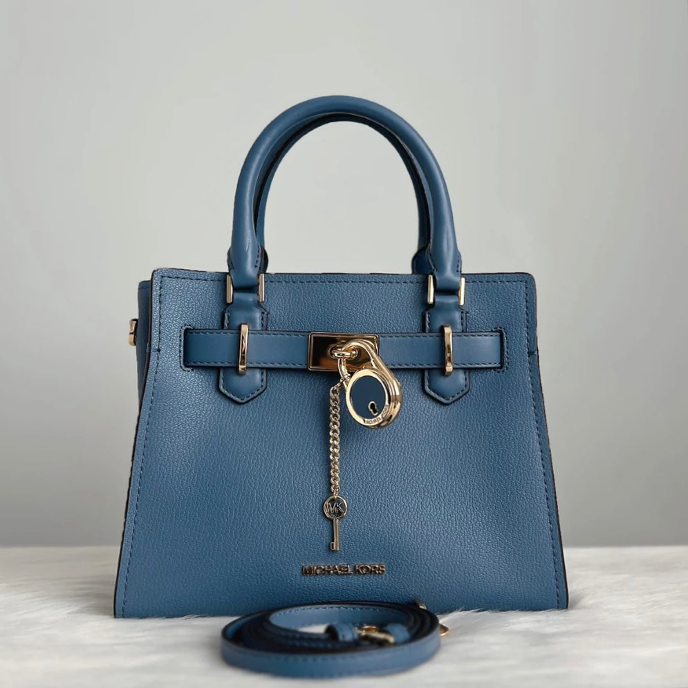 Michael Kors Blue Leather MK Lock Charm 2 Way Shoulder Bag Like New