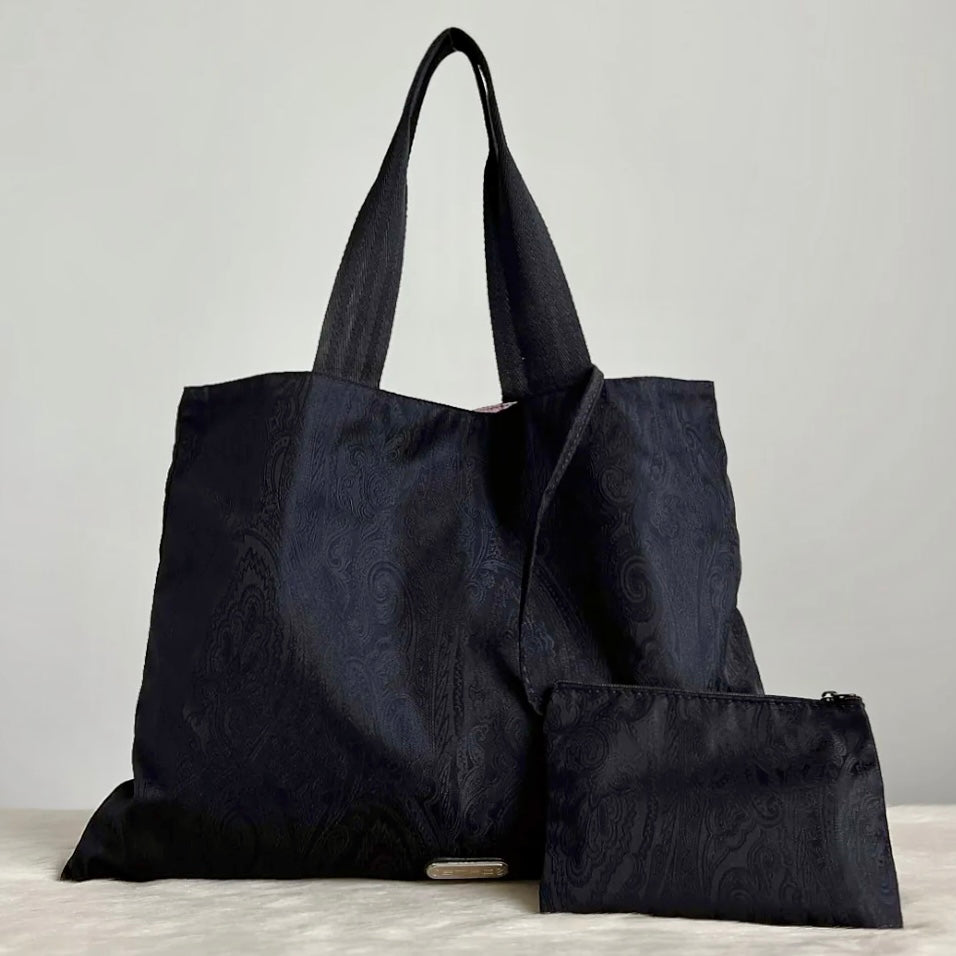Etro Black Canvas Bohemian Pattern Shoulder Bag + Pouch