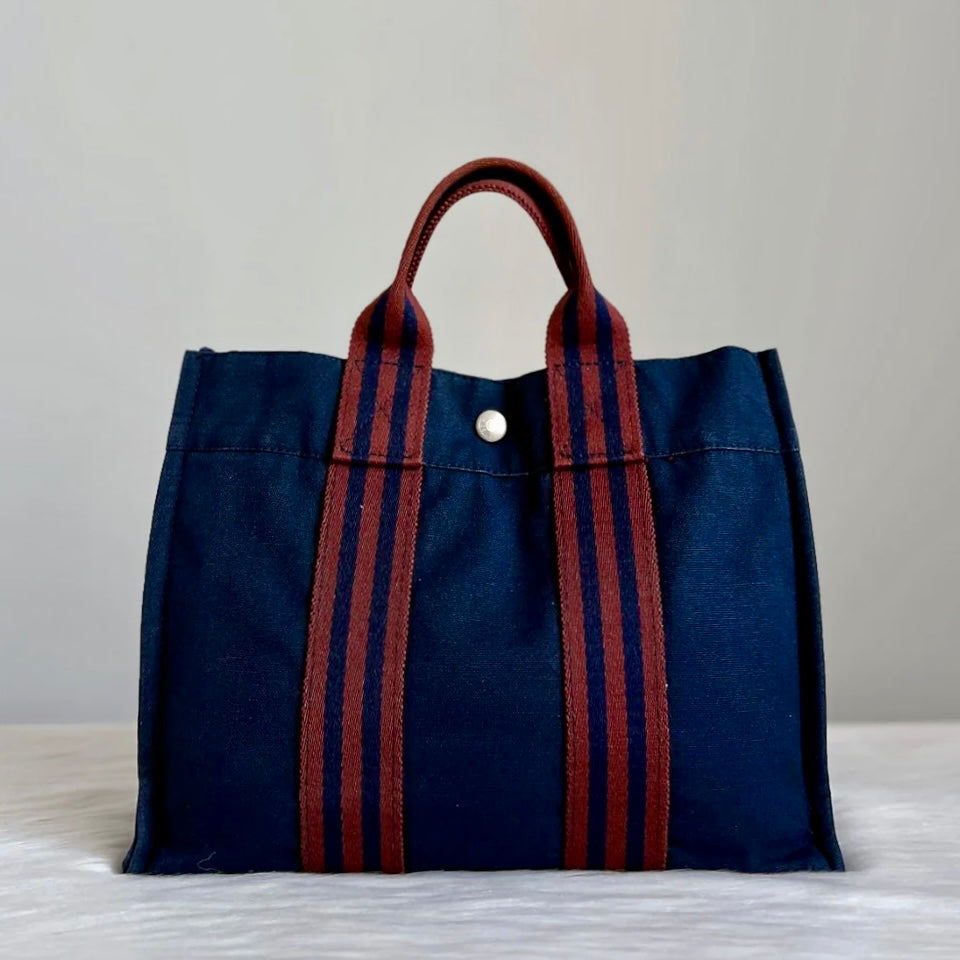 Hermes Navy Signature Stripe Detail Canvas Tote Bag Excellent