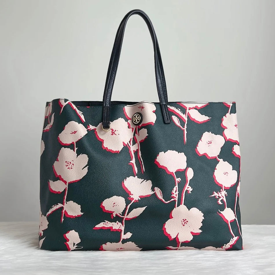 Tory Burch Floral Print Leather Large Carryall Shoulder Bag Excellent