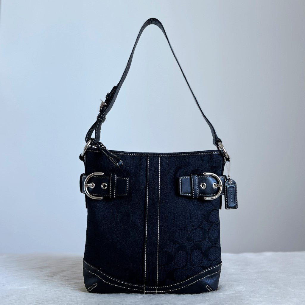 Coach Black Leather Monogram Double Buckle Shoulder Bag Excellent
