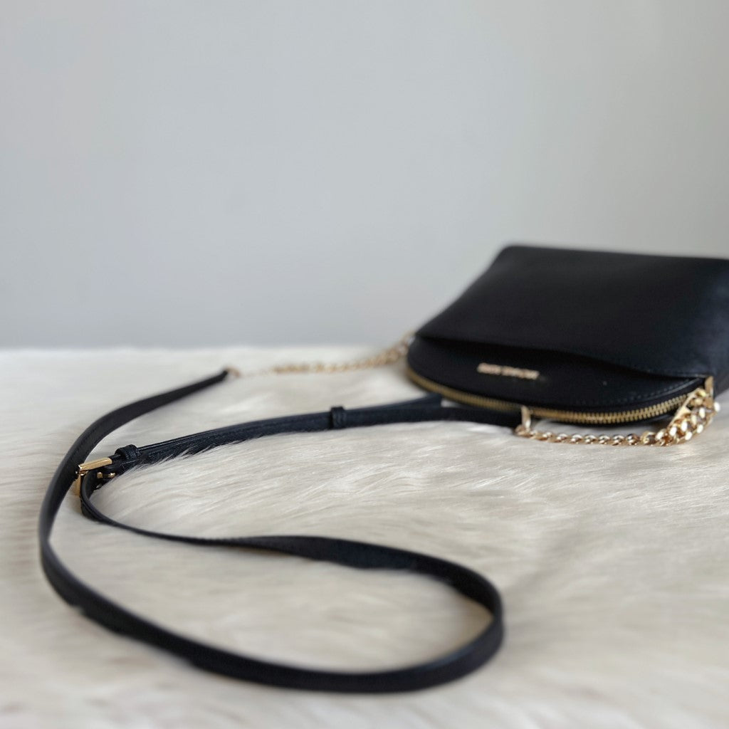 Michael Kors Black Leather Front Logo Chain Detail Crossbody Shoulder Bag Like New