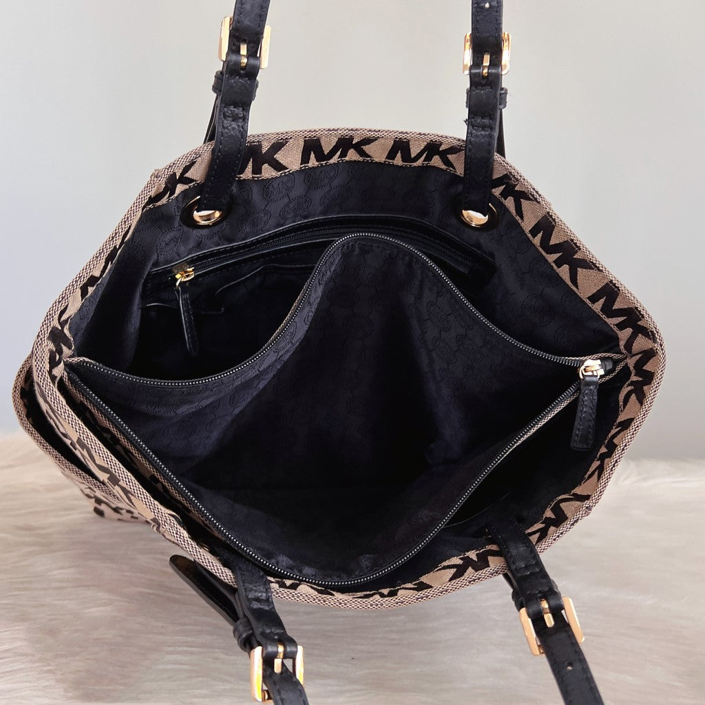 Michael Kors Black Leather MK Monogram Triple Compartment Shoulder Bag Excellent