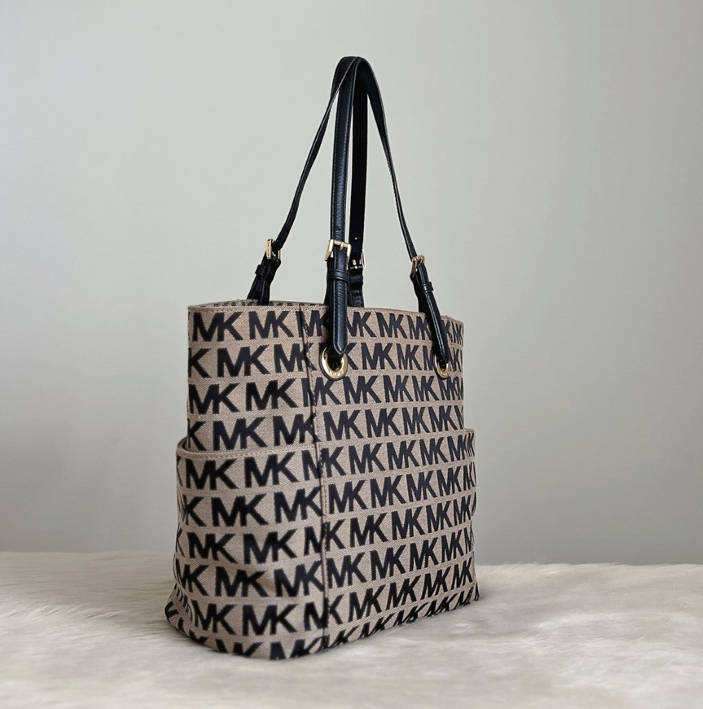 Michael Kors Black Leather MK Monogram Triple Compartment Shoulder Bag Excellent
