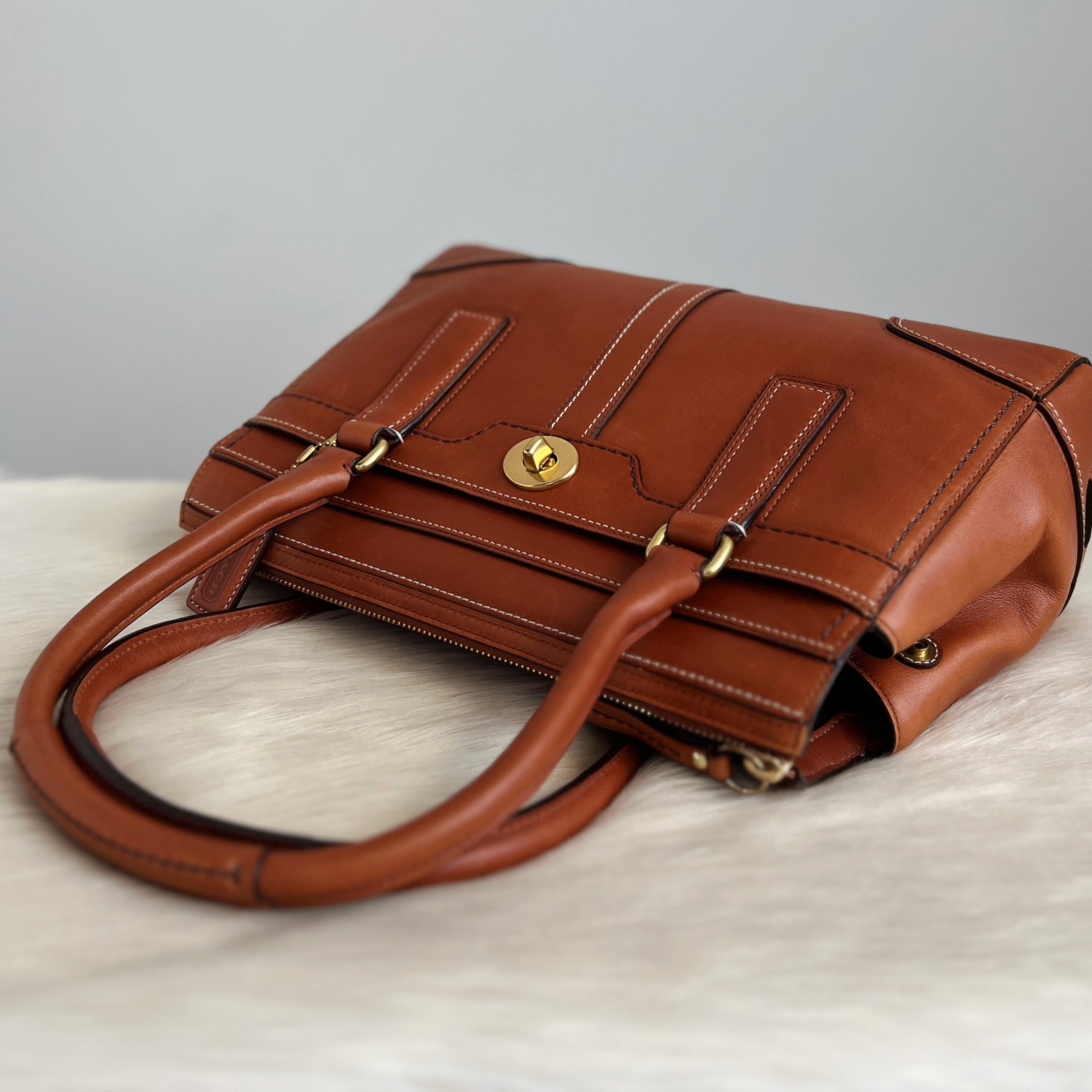 Coach Caramel Leather Turn Lock Tote Bag