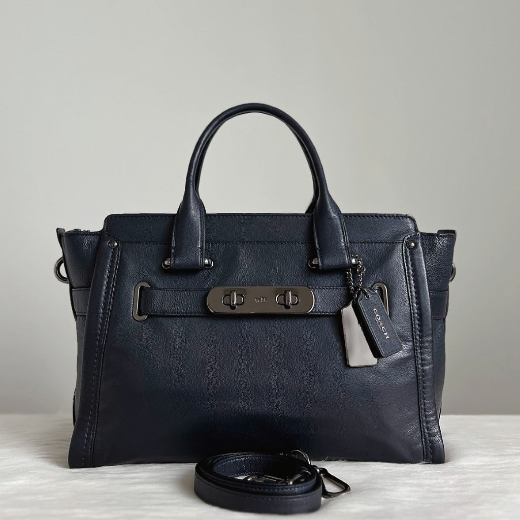 Coach Navy Leather Double Turn Lock Detail 2 Way Shoulder Bag Like New