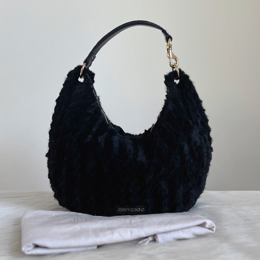 Jimmy Choo Black Fur Stellar Half Moon Slouchy Shoulder Bag Excellent