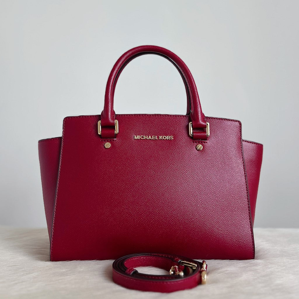 Michael Kors Maroon Leather Front Logo 2 Way Shoulder Bag Excellent