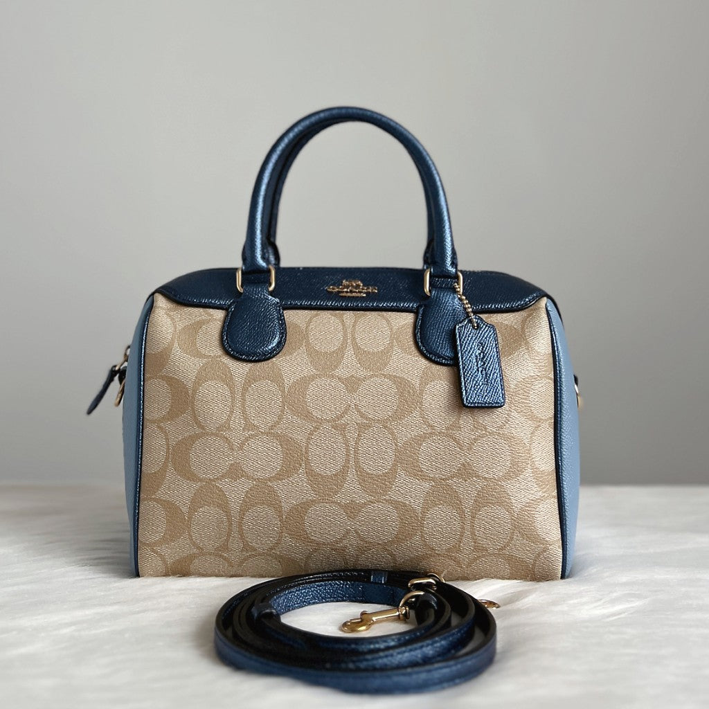 Coach Two Tone Leather Front Logo Monogram Boston 2 Way Shoulder Bag Like New
