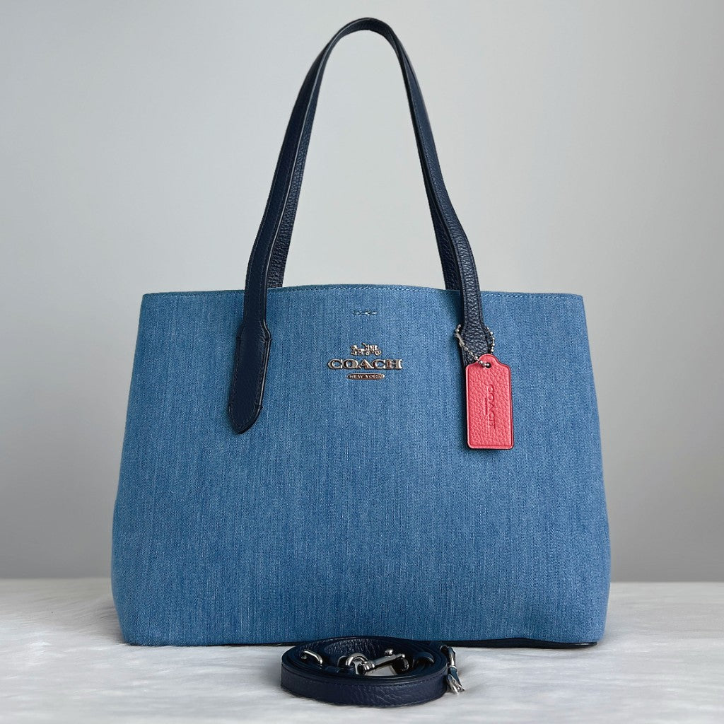 Coach Navy Leather Denim Triple Compartment 2 Way Shoulder Bag Like New