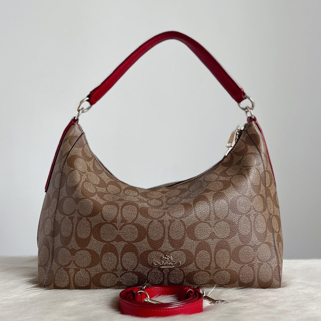 Coach Red Leather Monogram Slouchy 2 Way Shoulder Bag Excellent
