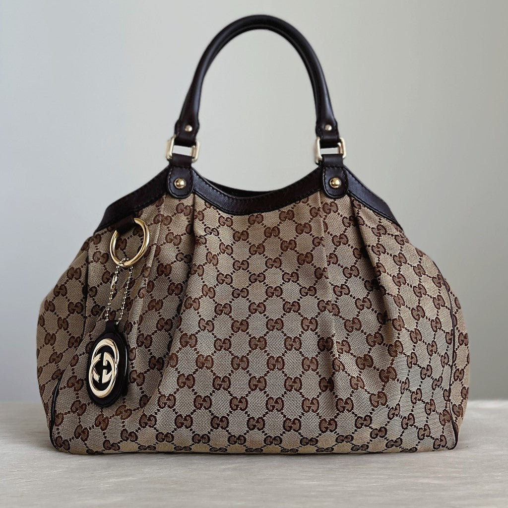 Gucci Signature Double G Chocolate Leather Trim Shoulder Bag