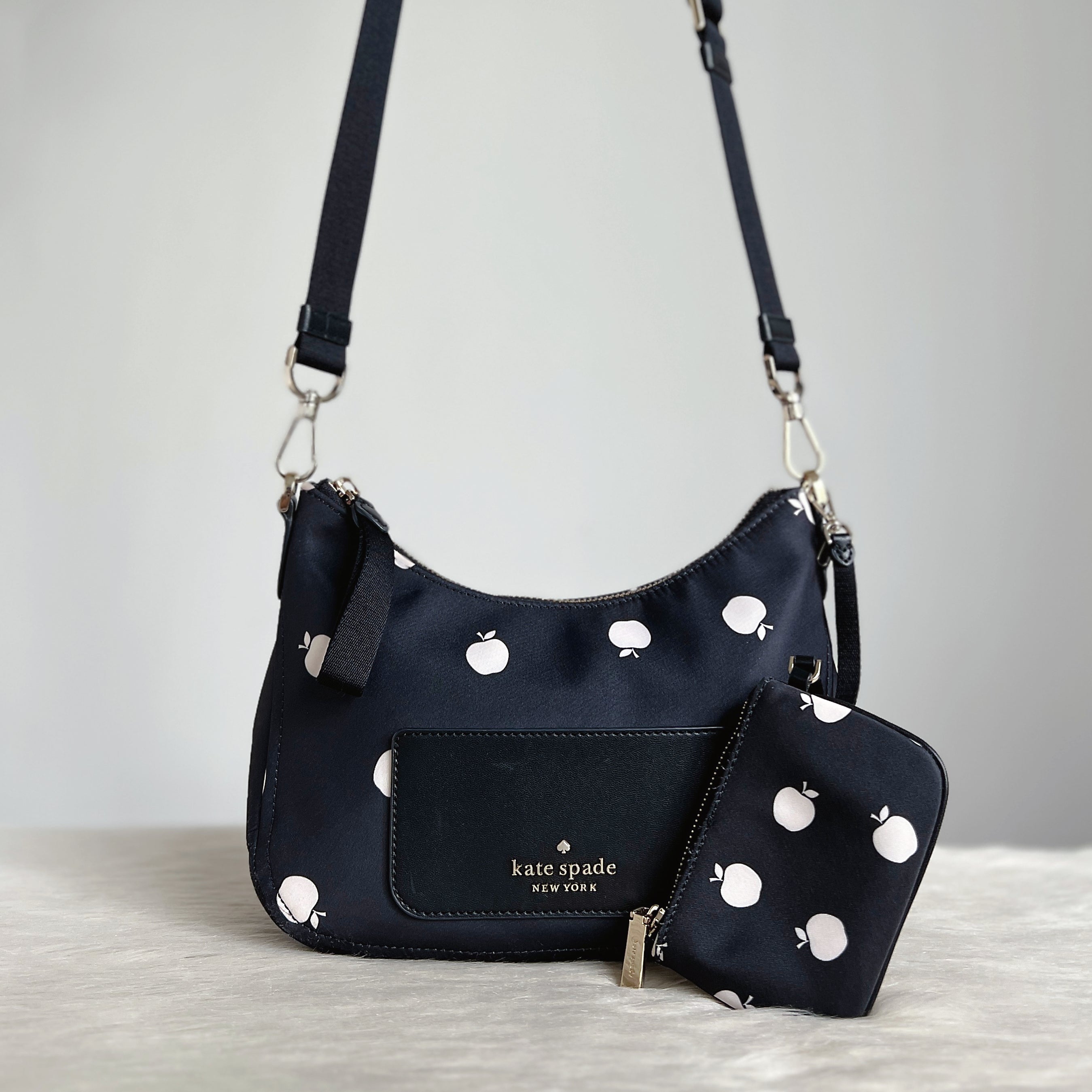 Kate Spade Black Leather Pocket Polka Dot Crossbody Shoulder Bag + Pouch